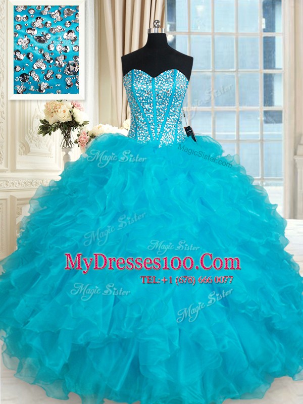 Sleeveless Floor Length Beading and Ruffles Lace Up Sweet 16 Dresses with Aqua Blue