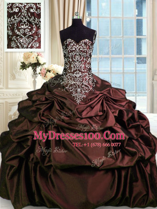 Custom Designed Burgundy Taffeta Zipper Sweetheart Sleeveless Floor Length 15 Quinceanera Dress Beading and Embroidery and Pick Ups