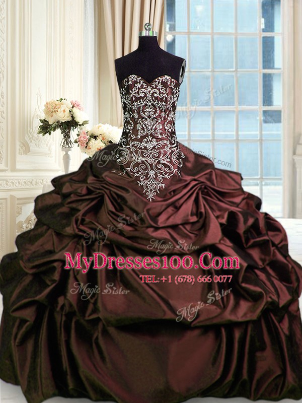 Custom Designed Burgundy Taffeta Zipper Sweetheart Sleeveless Floor Length 15 Quinceanera Dress Beading and Embroidery and Pick Ups