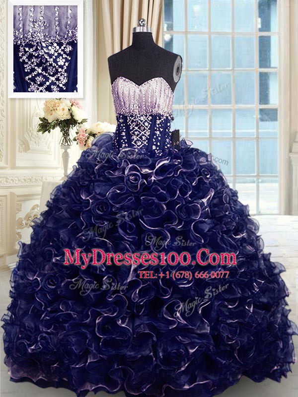 Extravagant Navy Blue Ball Gowns Organza Sweetheart Sleeveless Beading and Ruffles With Train Lace Up Sweet 16 Dresses Brush Train