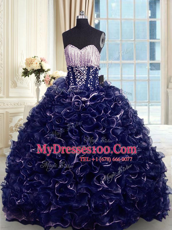 Extravagant Navy Blue Ball Gowns Organza Sweetheart Sleeveless Beading and Ruffles With Train Lace Up Sweet 16 Dresses Brush Train