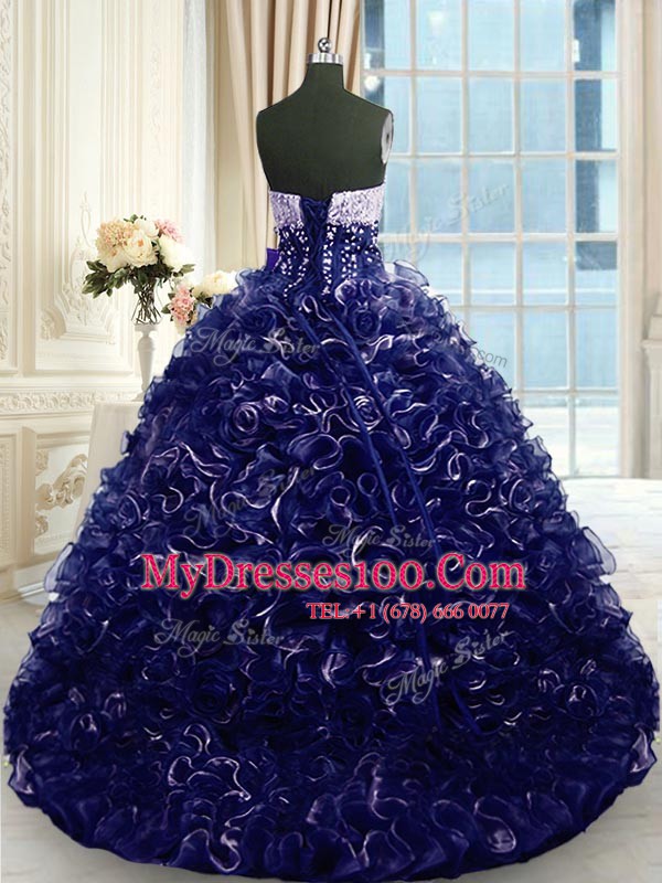 Extravagant Navy Blue Ball Gowns Organza Sweetheart Sleeveless Beading and Ruffles With Train Lace Up Sweet 16 Dresses Brush Train