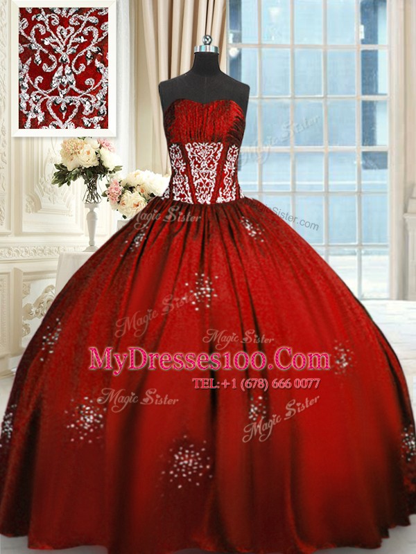 Wine Red Ball Gowns Strapless Sleeveless Taffeta Floor Length Lace Up Beading and Appliques and Ruching Quince Ball Gowns