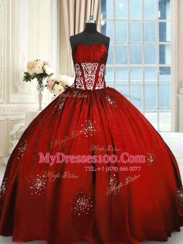 Wine Red Ball Gowns Strapless Sleeveless Taffeta Floor Length Lace Up Beading and Appliques and Ruching Quince Ball Gowns