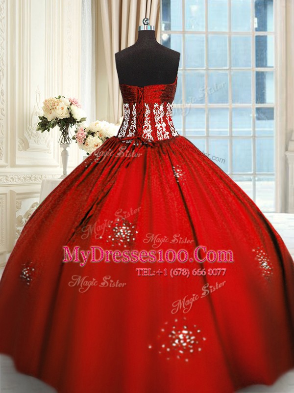 Wine Red Ball Gowns Strapless Sleeveless Taffeta Floor Length Lace Up Beading and Appliques and Ruching Quince Ball Gowns