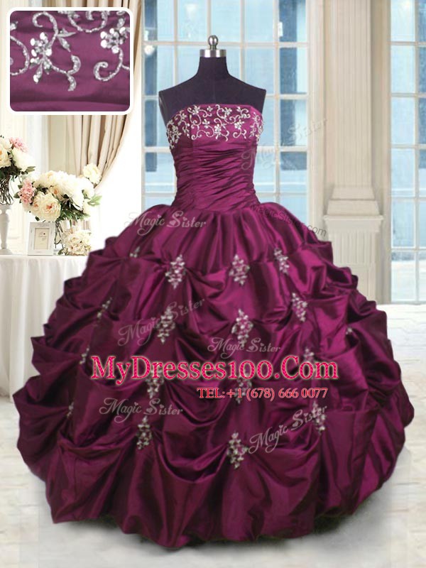 Sleeveless Taffeta Floor Length Lace Up Quinceanera Dresses in Burgundy with Beading and Appliques and Embroidery and Pick Ups