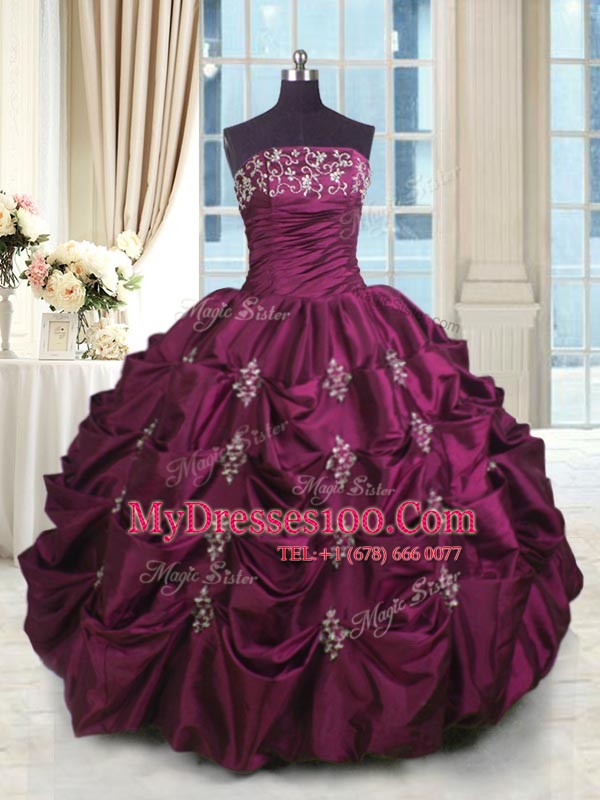 Sleeveless Taffeta Floor Length Lace Up Quinceanera Dresses in Burgundy with Beading and Appliques and Embroidery and Pick Ups