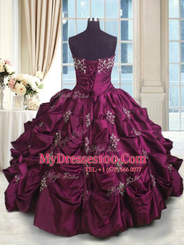 Sleeveless Taffeta Floor Length Lace Up Quinceanera Dresses in Burgundy with Beading and Appliques and Embroidery and Pick Ups