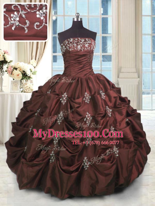 Floor Length Burgundy Quinceanera Gown Taffeta Sleeveless Beading and Appliques and Embroidery and Pick Ups