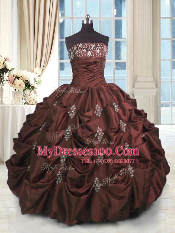 Floor Length Burgundy Quinceanera Gown Taffeta Sleeveless Beading and Appliques and Embroidery and Pick Ups