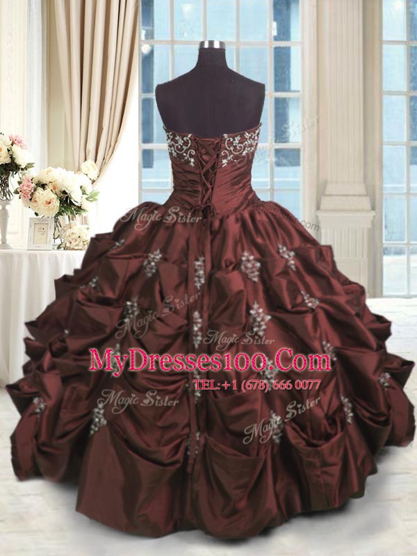 Floor Length Burgundy Quinceanera Gown Taffeta Sleeveless Beading and Appliques and Embroidery and Pick Ups