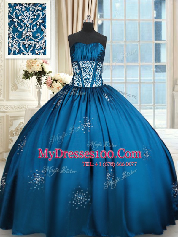Blue and Teal Sleeveless Beading and Appliques and Ruching Floor Length 15th Birthday Dress