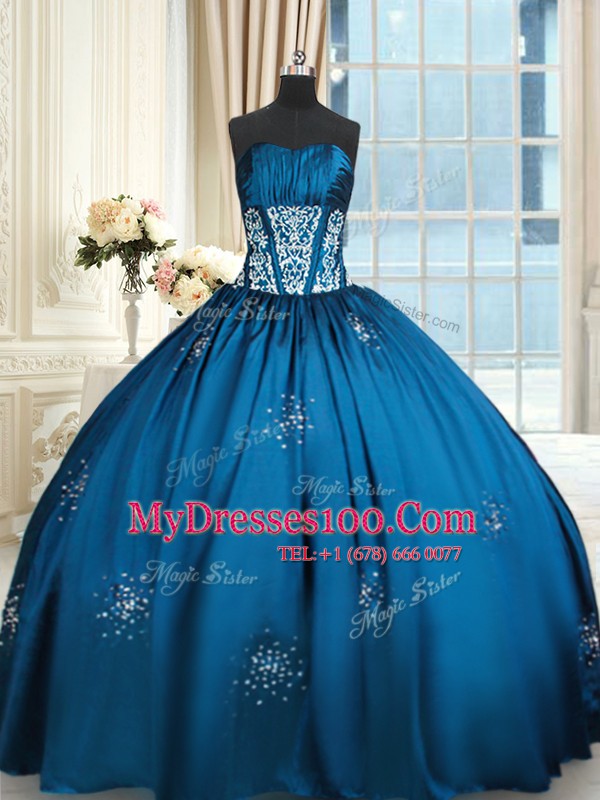 Blue and Teal Sleeveless Beading and Appliques and Ruching Floor Length 15th Birthday Dress