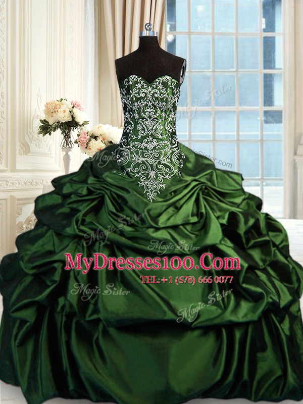 Dark Green Zipper Sweetheart Beading and Embroidery and Pick Ups Quinceanera Gowns Taffeta Sleeveless