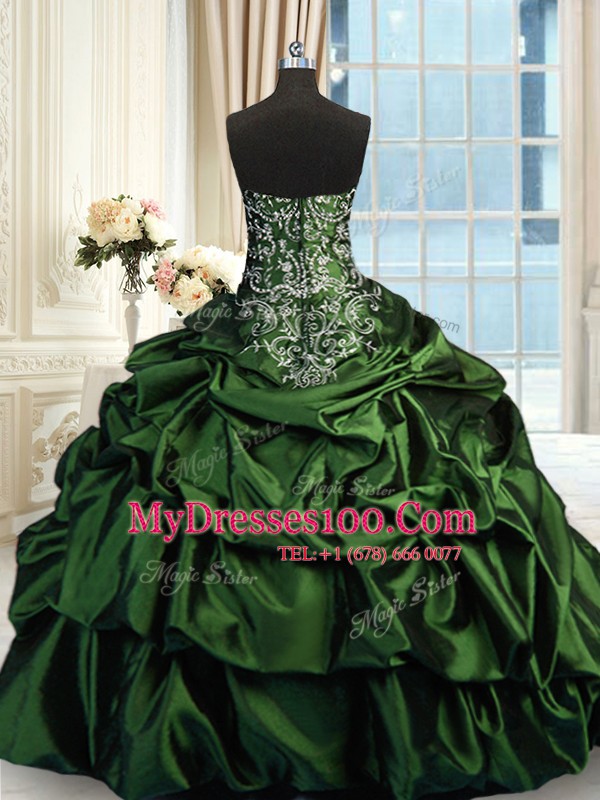 Dark Green Zipper Sweetheart Beading and Embroidery and Pick Ups Quinceanera Gowns Taffeta Sleeveless