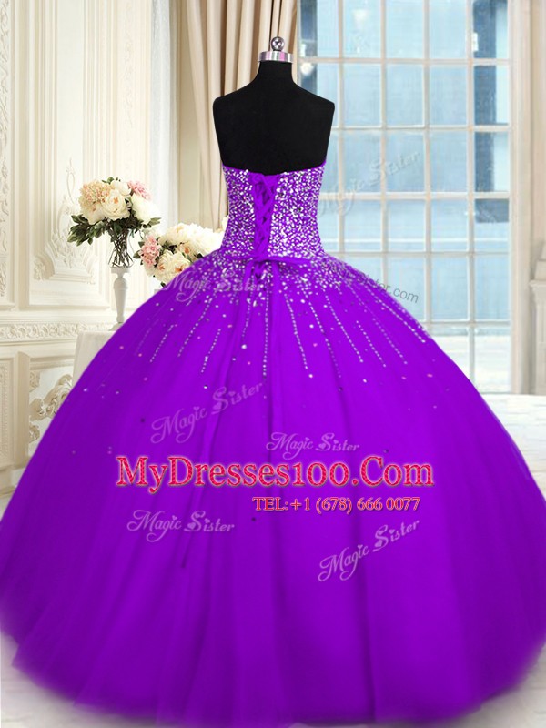 Inexpensive Floor Length Ball Gowns Sleeveless Purple Sweet 16 Dress Lace Up