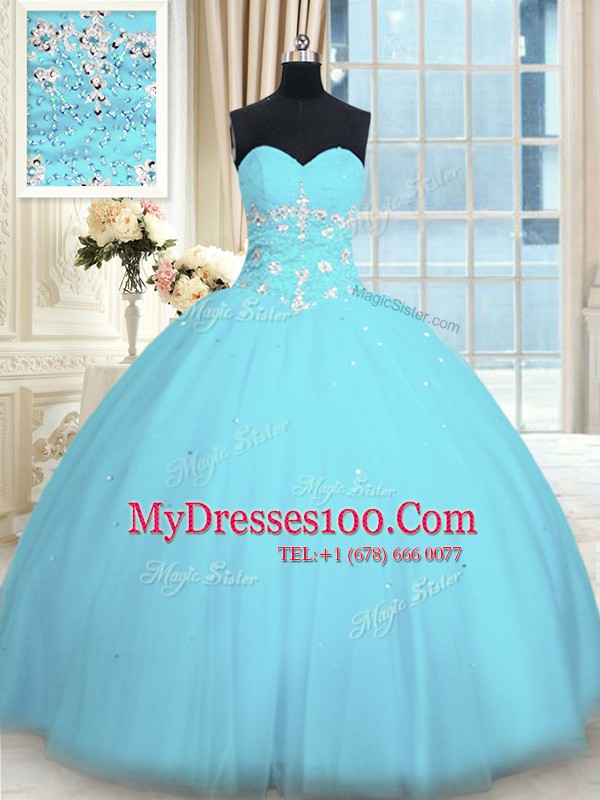 Light Blue Tulle Lace Up Sweetheart Sleeveless Floor Length Quinceanera Dresses Appliques