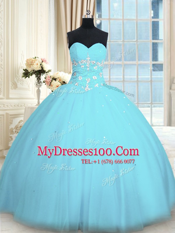 Light Blue Tulle Lace Up Sweetheart Sleeveless Floor Length Quinceanera Dresses Appliques