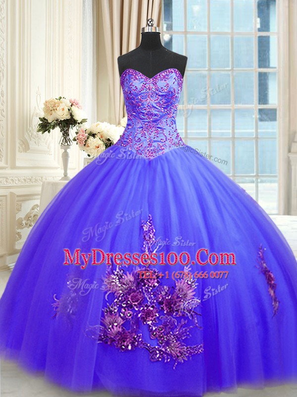 Fabulous Ball Gowns Quinceanera Gowns Blue Sweetheart Tulle Sleeveless Floor Length Lace Up