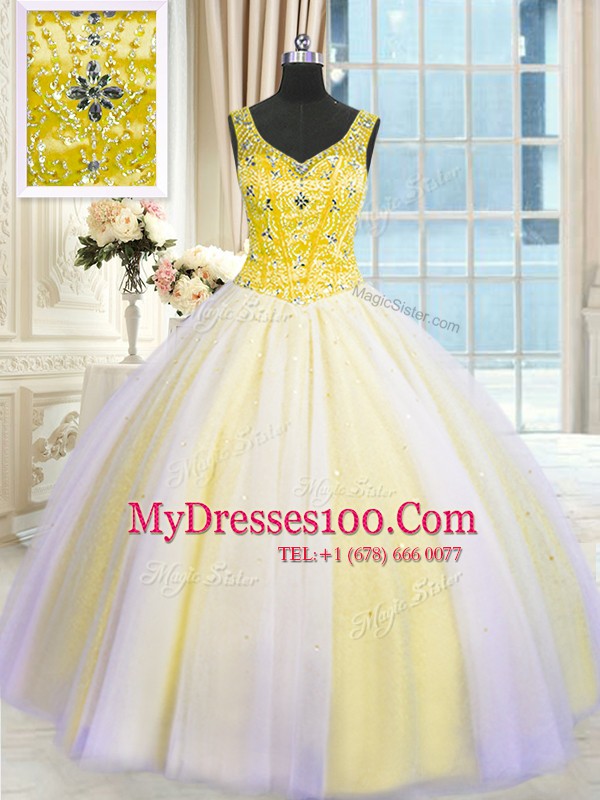 Sleeveless Lace Up Floor Length Beading and Sequins Quinceanera Gown