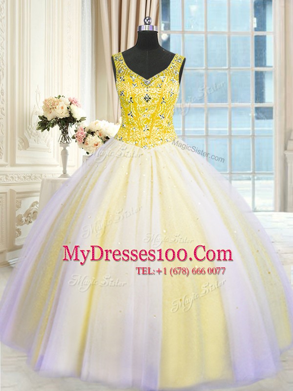 Sleeveless Lace Up Floor Length Beading and Sequins Quinceanera Gown