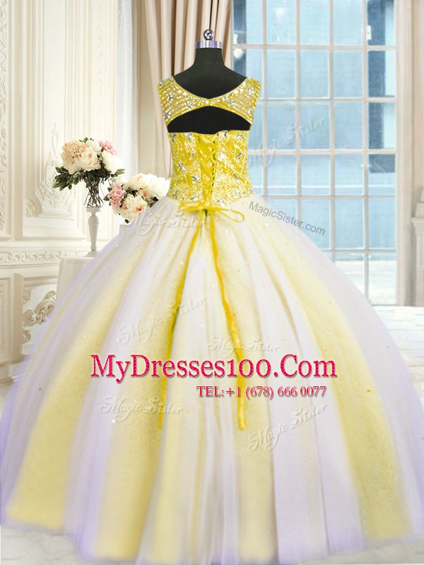 Sleeveless Lace Up Floor Length Beading and Sequins Quinceanera Gown