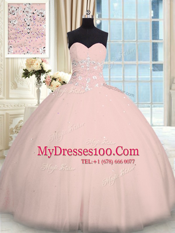Trendy Pink Sweetheart Lace Up Beading Quince Ball Gowns Sleeveless
