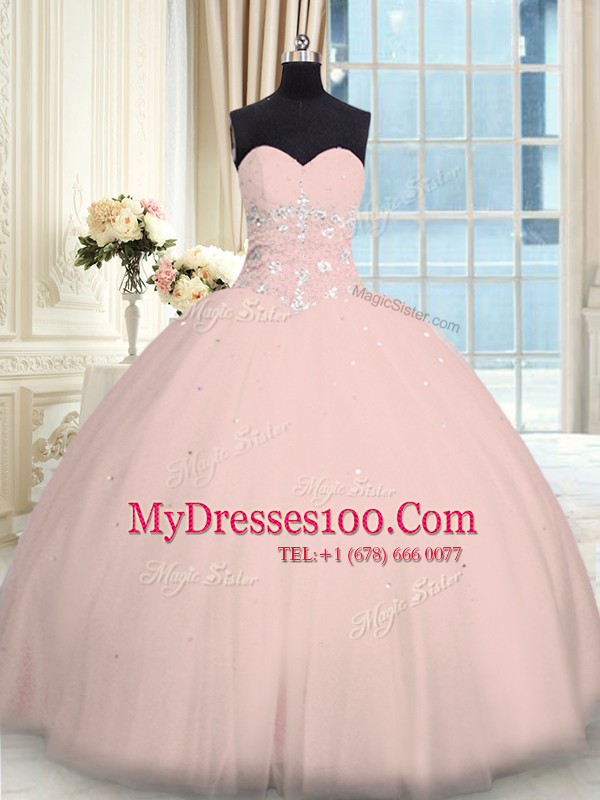 Trendy Pink Sweetheart Lace Up Beading Quince Ball Gowns Sleeveless