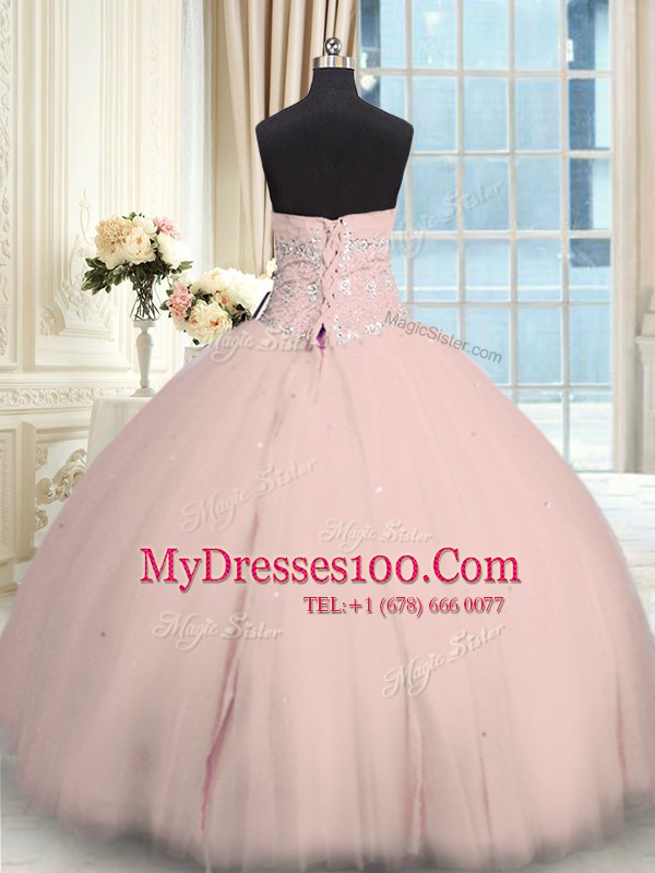 Trendy Pink Sweetheart Lace Up Beading Quince Ball Gowns Sleeveless
