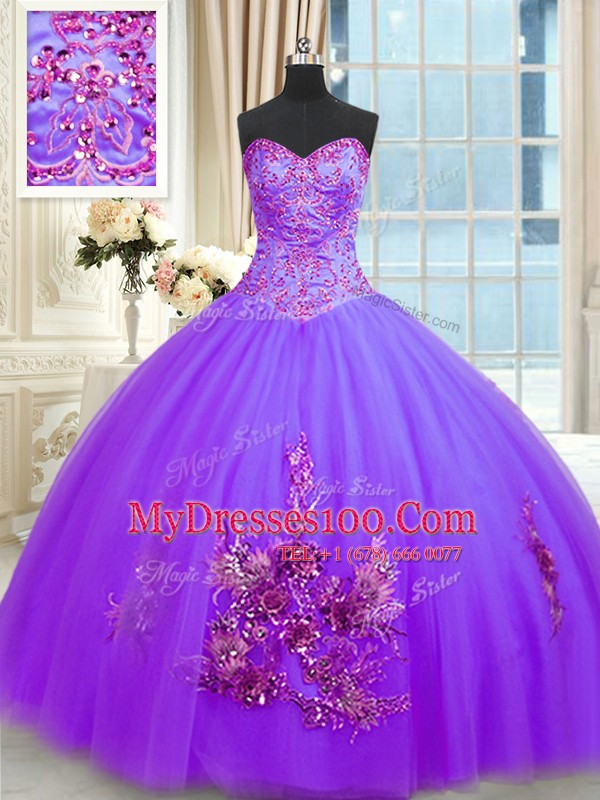 Spectacular Sleeveless Tulle Floor Length Lace Up Sweet 16 Dress in Purple with Beading and Appliques and Embroidery