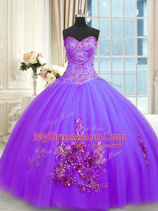 Spectacular Sleeveless Tulle Floor Length Lace Up Sweet 16 Dress in Purple with Beading and Appliques and Embroidery