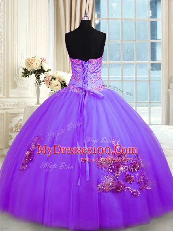 Spectacular Sleeveless Tulle Floor Length Lace Up Sweet 16 Dress in Purple with Beading and Appliques and Embroidery