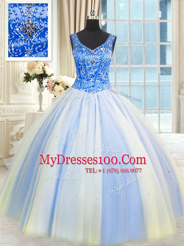 Elegant Blue And White V-neck Neckline Beading and Sequins Sweet 16 Dresses Sleeveless Lace Up