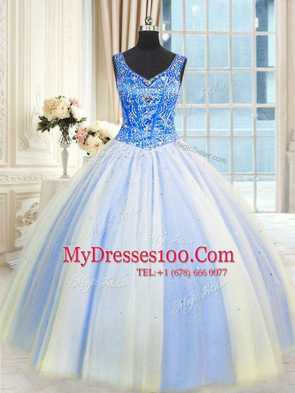 Elegant Blue And White V-neck Neckline Beading and Sequins Sweet 16 Dresses Sleeveless Lace Up