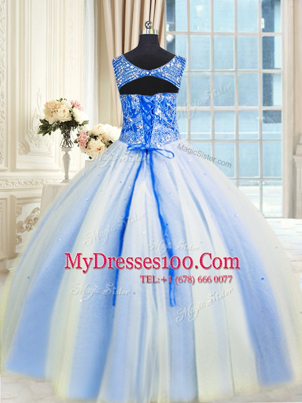 Elegant Blue And White V-neck Neckline Beading and Sequins Sweet 16 Dresses Sleeveless Lace Up