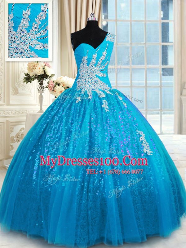 Fashion One Shoulder Baby Blue Tulle and Sequined Lace Up Vestidos de Quinceanera Sleeveless Floor Length Appliques