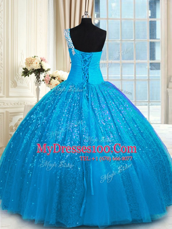 Fashion One Shoulder Baby Blue Tulle and Sequined Lace Up Vestidos de Quinceanera Sleeveless Floor Length Appliques