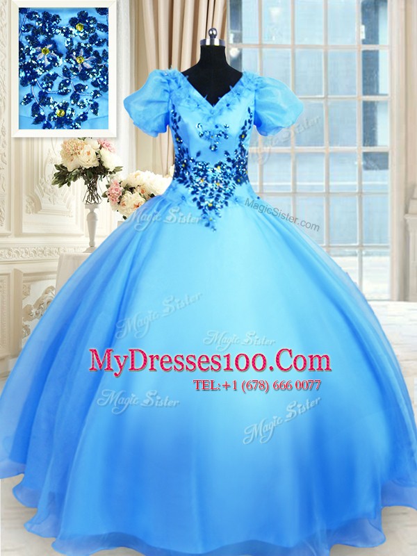 Baby Blue Lace Up V-neck Appliques Quinceanera Dress Organza Short Sleeves