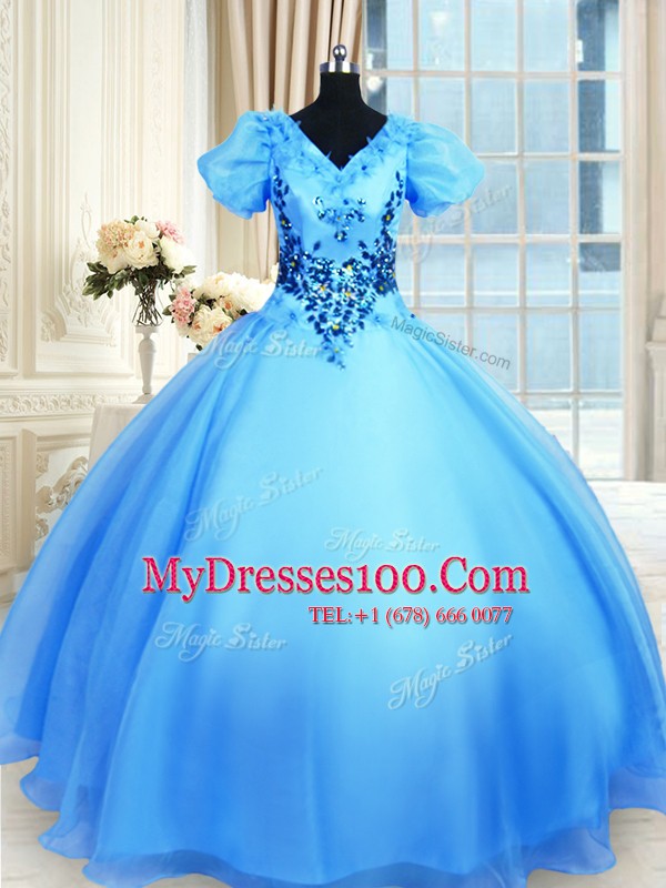 Baby Blue Lace Up V-neck Appliques Quinceanera Dress Organza Short Sleeves