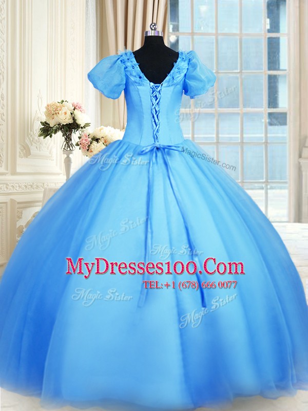 Baby Blue Lace Up V-neck Appliques Quinceanera Dress Organza Short Sleeves