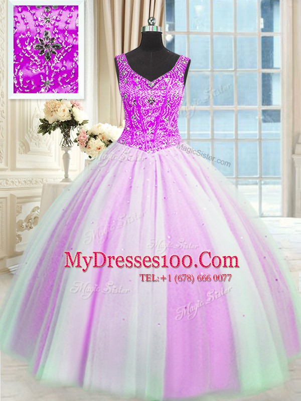 Sleeveless Lace Up Floor Length Beading and Sequins Ball Gown Prom Dress