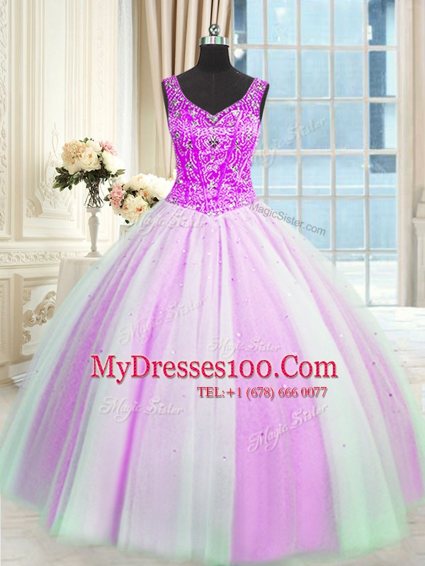 Sleeveless Lace Up Floor Length Beading and Sequins Ball Gown Prom Dress