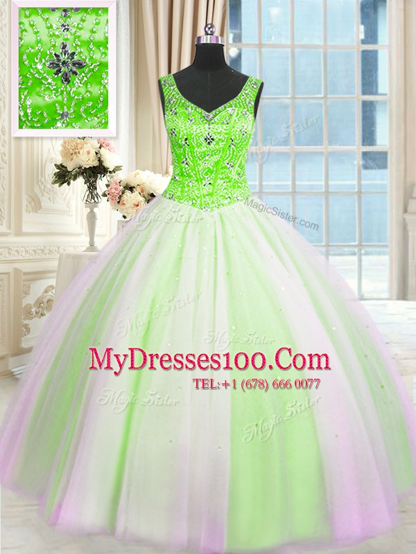 Sophisticated Beading and Sequins Vestidos de Quinceanera Multi-color Lace Up Sleeveless Floor Length