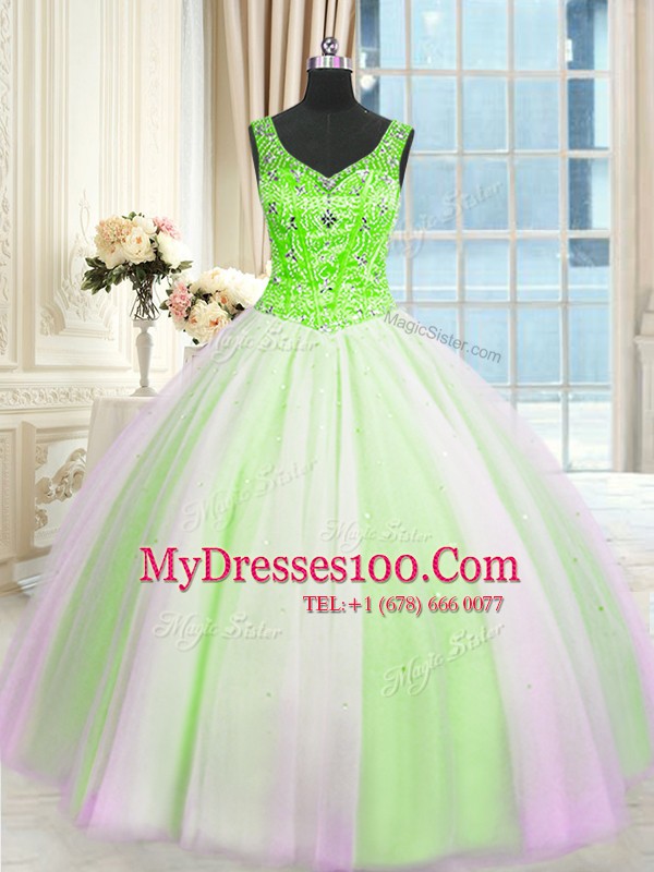 Sophisticated Beading and Sequins Vestidos de Quinceanera Multi-color Lace Up Sleeveless Floor Length