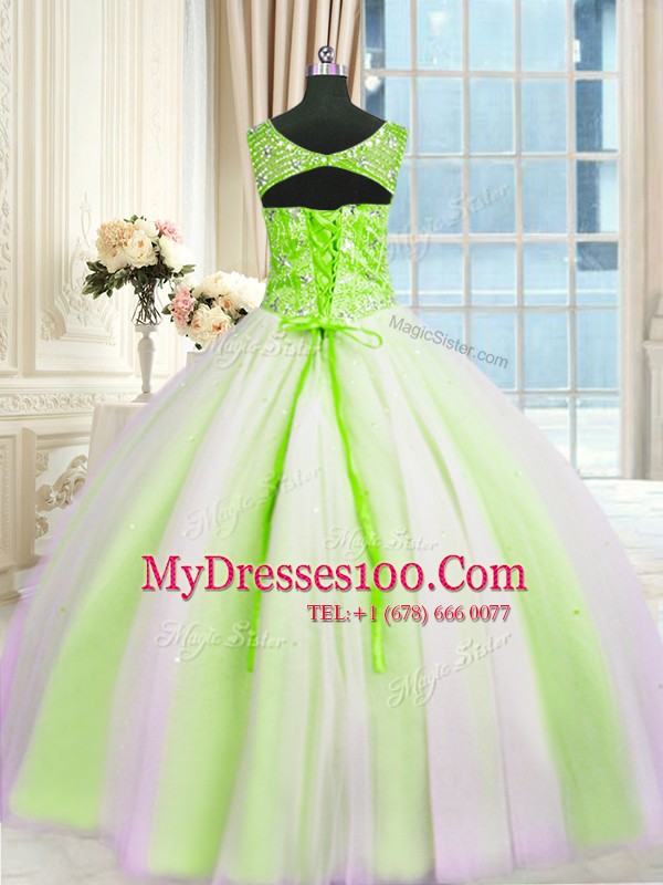 Sophisticated Beading and Sequins Vestidos de Quinceanera Multi-color Lace Up Sleeveless Floor Length