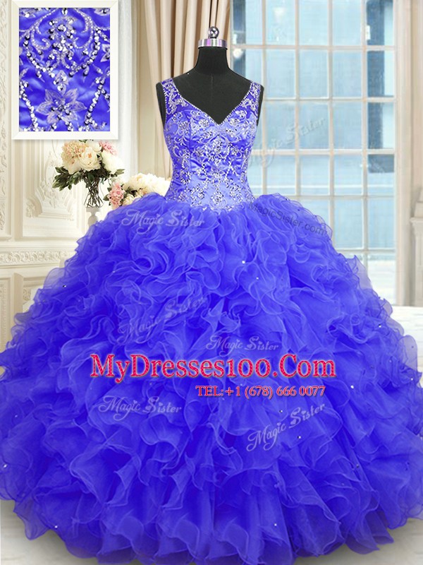 Fantastic Purple Organza Zipper V-neck Sleeveless Floor Length Quince Ball Gowns Beading and Ruffles