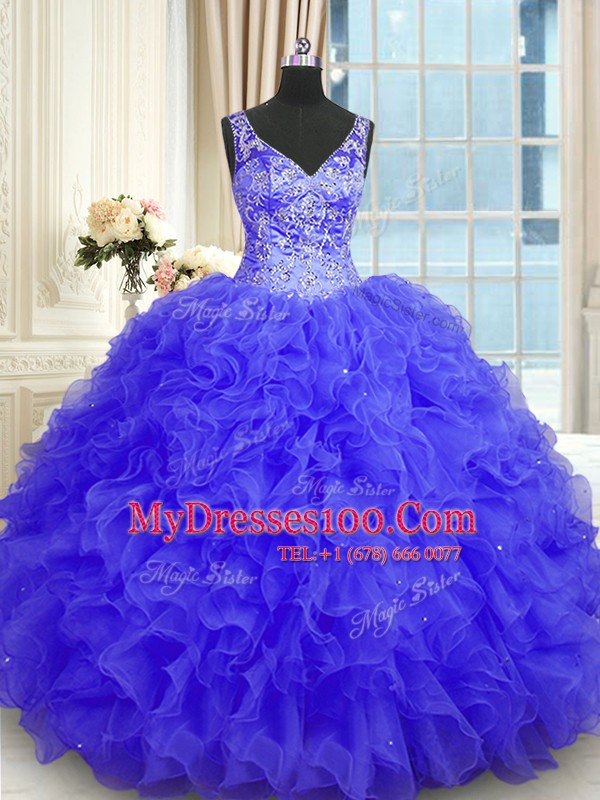 Fantastic Purple Organza Zipper V-neck Sleeveless Floor Length Quince Ball Gowns Beading and Ruffles
