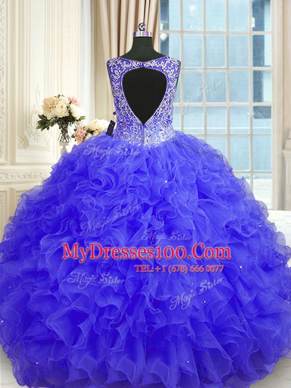 Fantastic Purple Organza Zipper V-neck Sleeveless Floor Length Quince Ball Gowns Beading and Ruffles