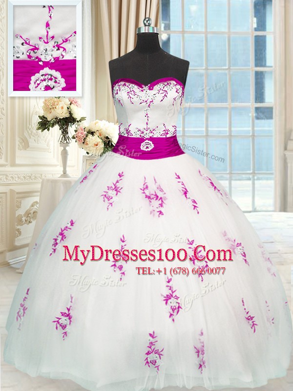 Admirable Tulle Sleeveless Floor Length Sweet 16 Dress and Appliques and Belt