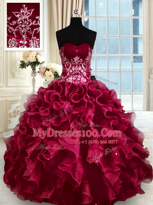 Clearance Sweetheart Sleeveless Organza Quinceanera Dresses Beading and Appliques and Ruffles Lace Up